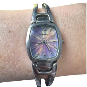 Fossil F2 ES-9748 Women Watch Silver Stainless Steel Purple Sunburst Dial Bangle